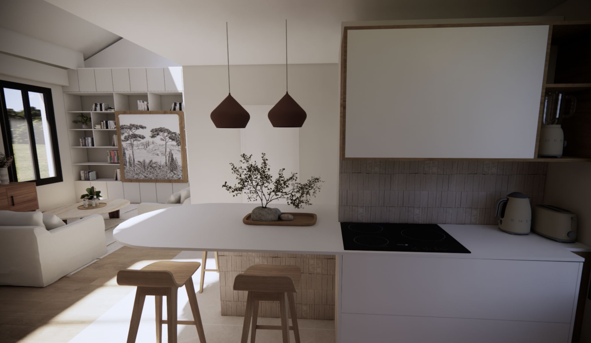 Rendu 3D - Cuisine ouverte et coin repas à Arcueil