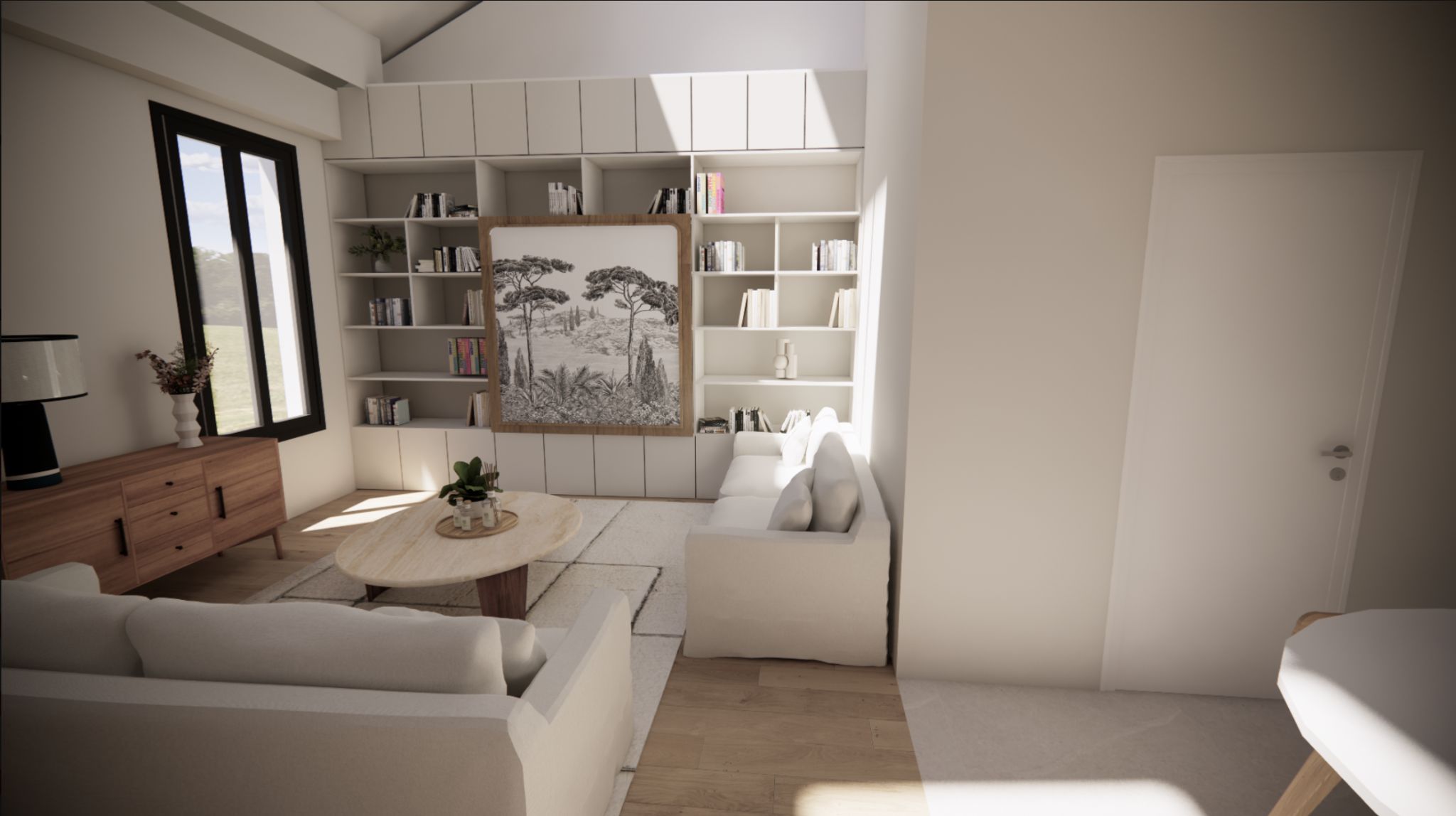 Rendu 3D - Salon avec bibliothèque sur mesure à Arcueil