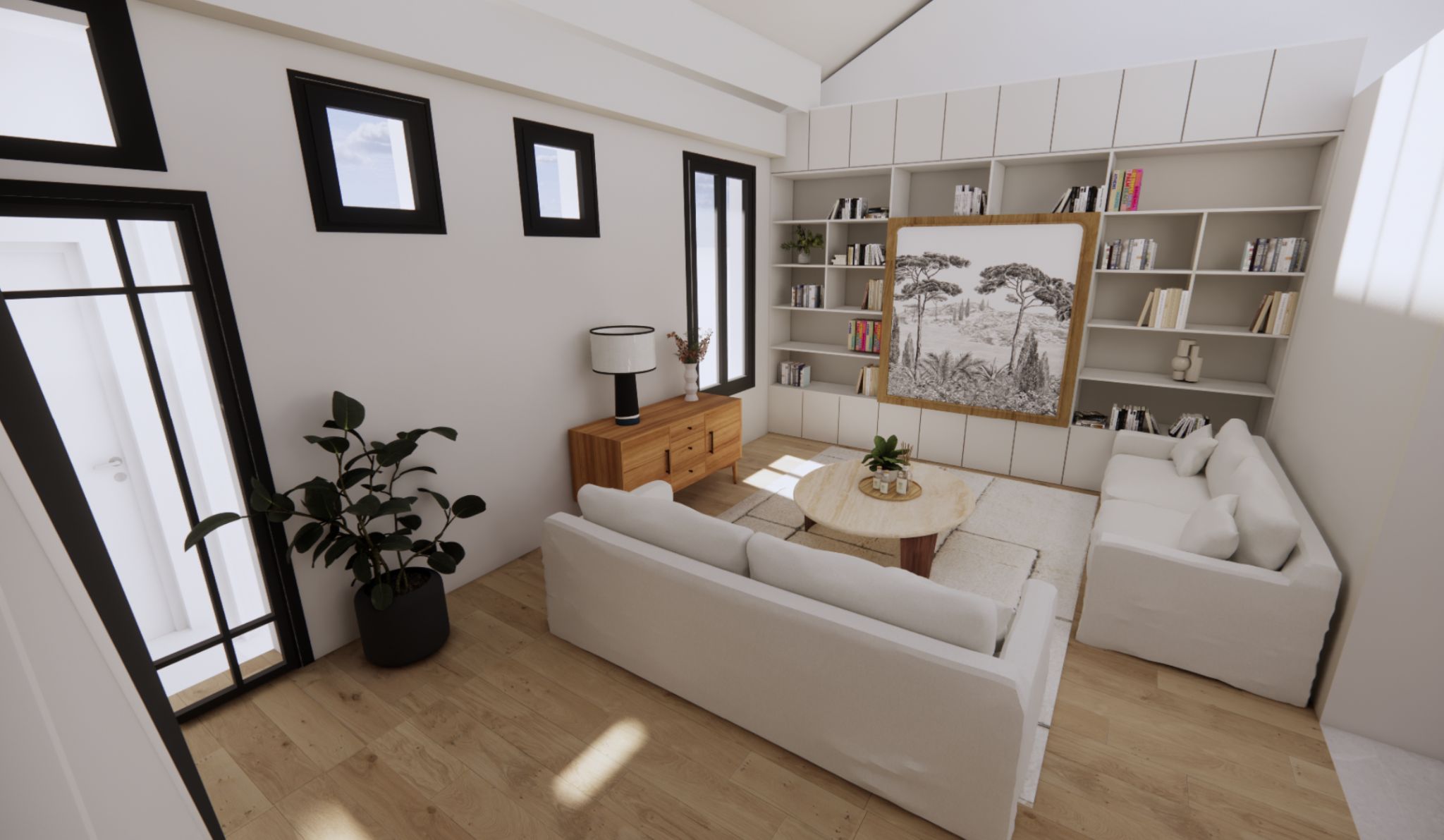 Rendu 3D - Vue d’ensemble du salon à Arcueil