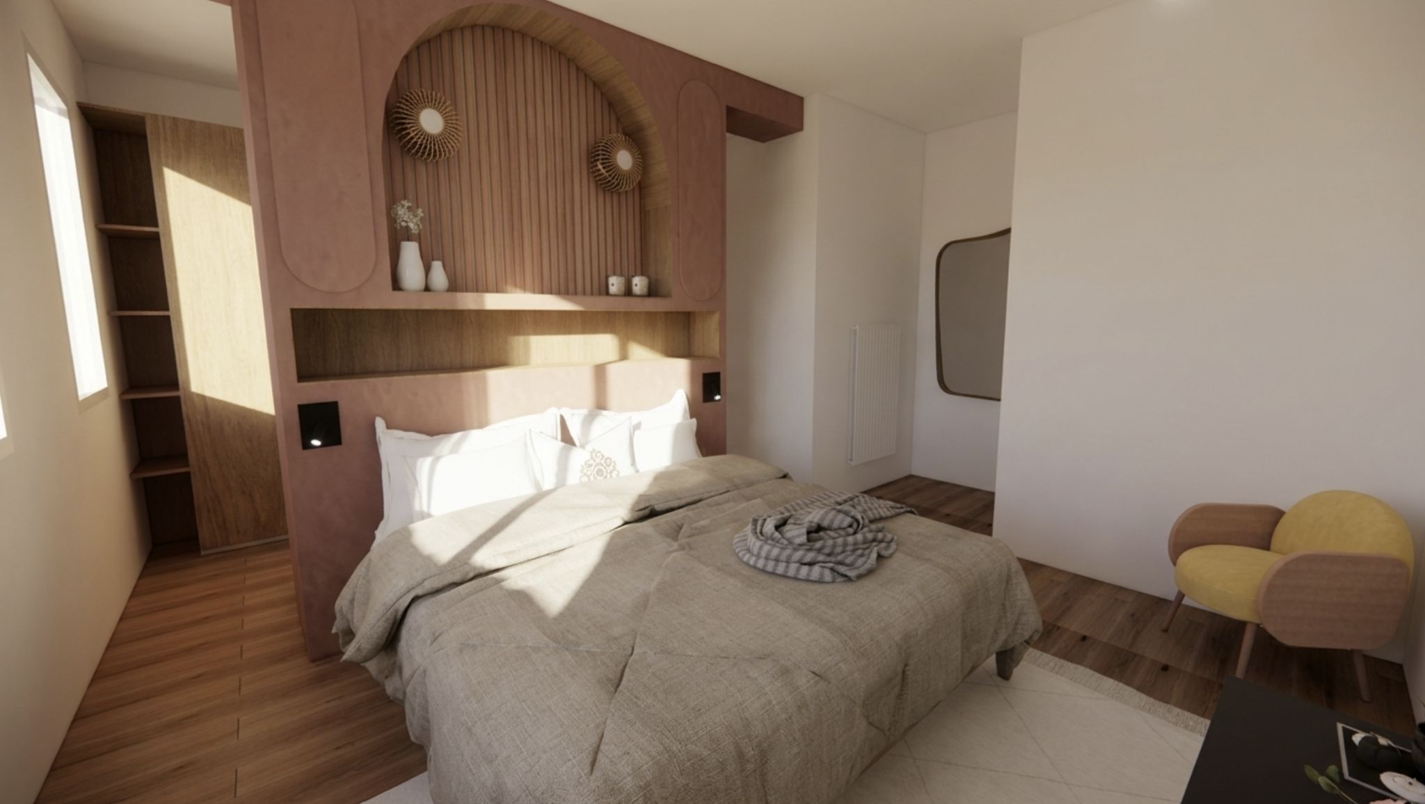 Rendu 3D - Chambre avec tête de lit terracotta à Bagneux