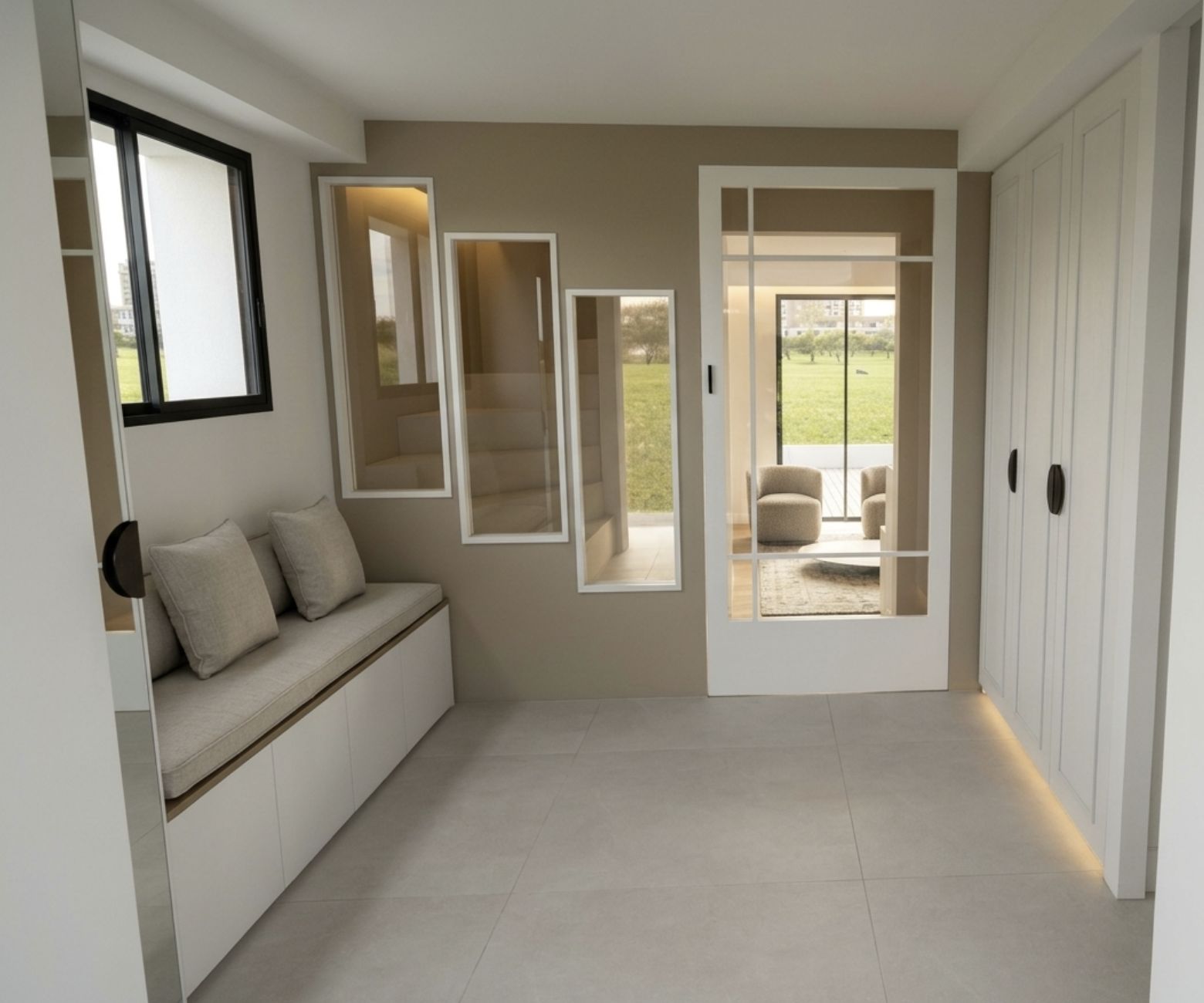Rendu 3D - Entrée avec banquette et miroirs à Bagneux