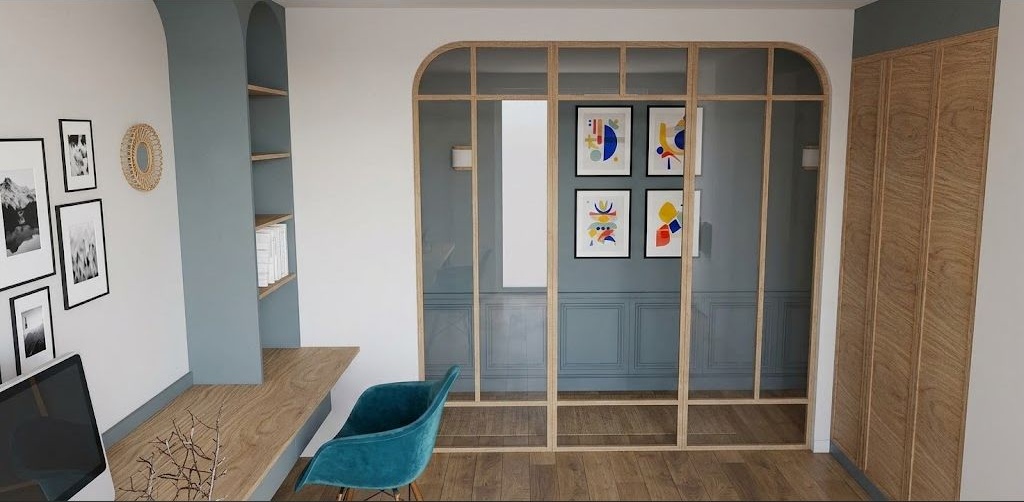 Rendu 3D - Bureau avec verrière cintrée en bois