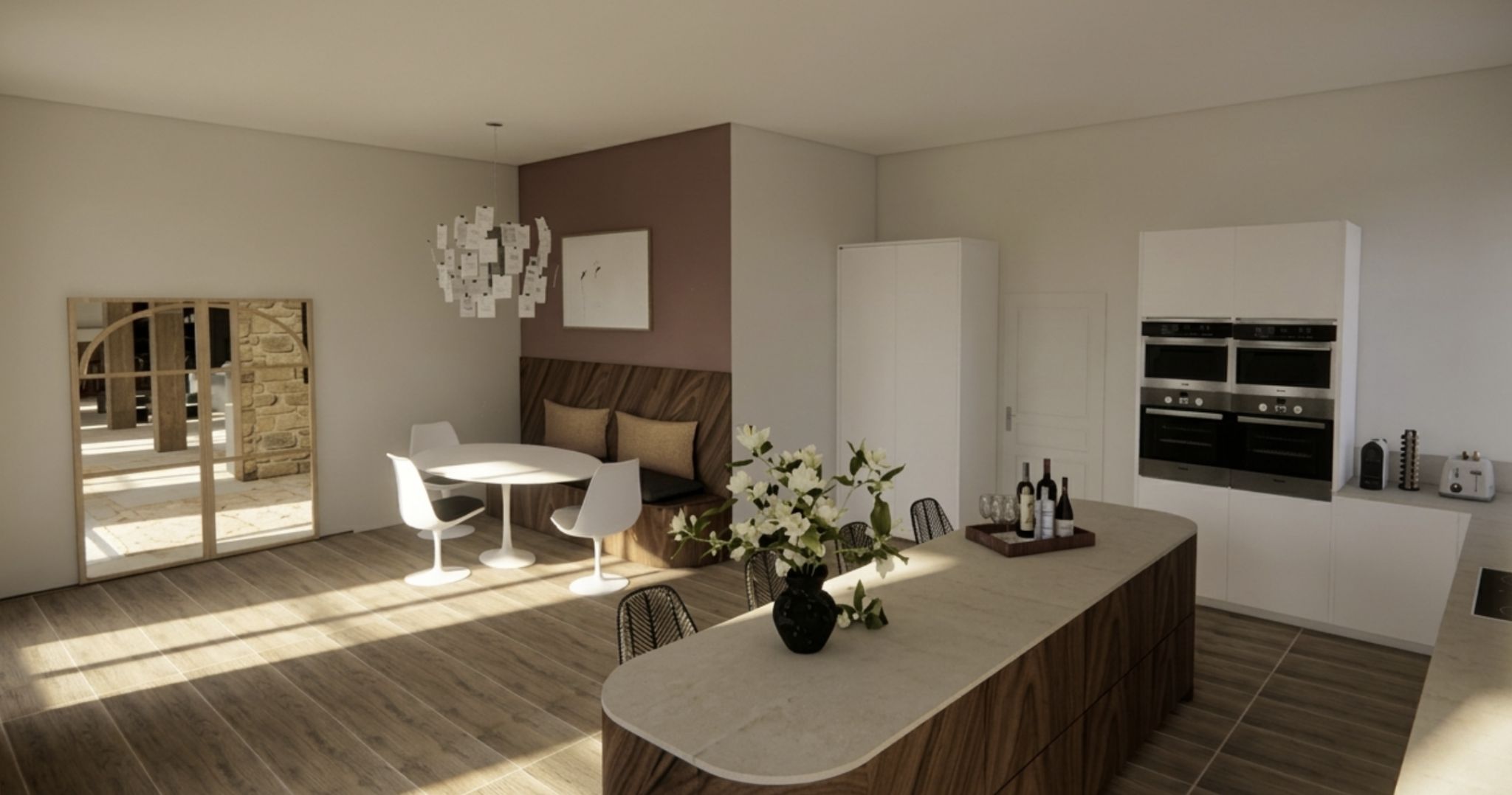 Rendu 3D - Cuisine avec îlot central et fours encastrés à Roanne