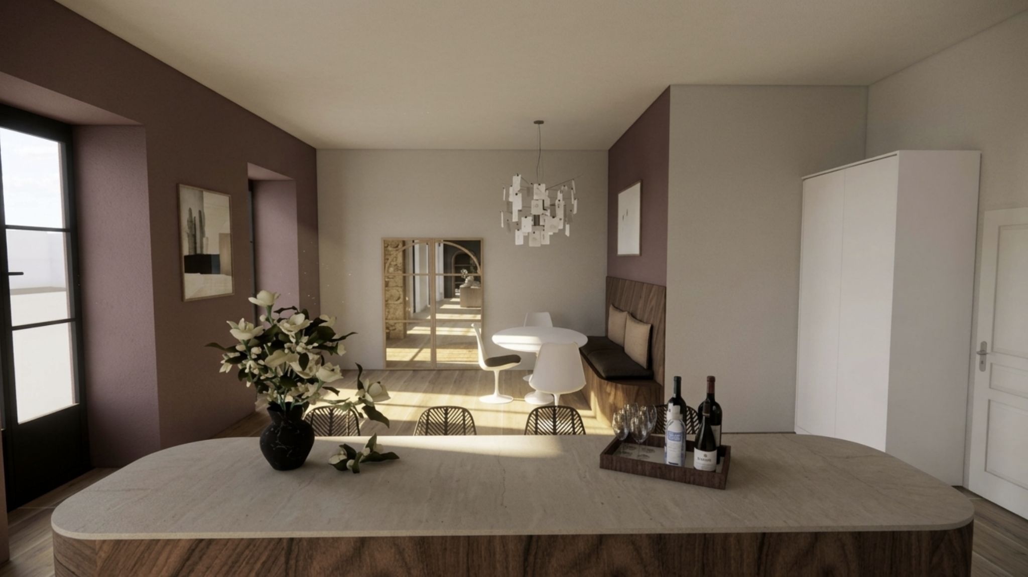 Rendu 3D - Cuisine avec îlot et perspective vers le séjour à Roanne