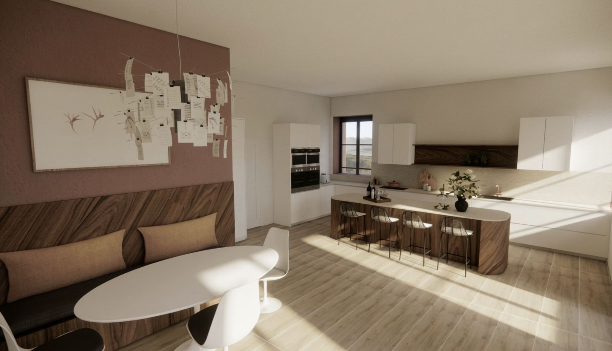 Rendu 3D - Pièce de vie avec banquette et cuisine ouverte à Roanne