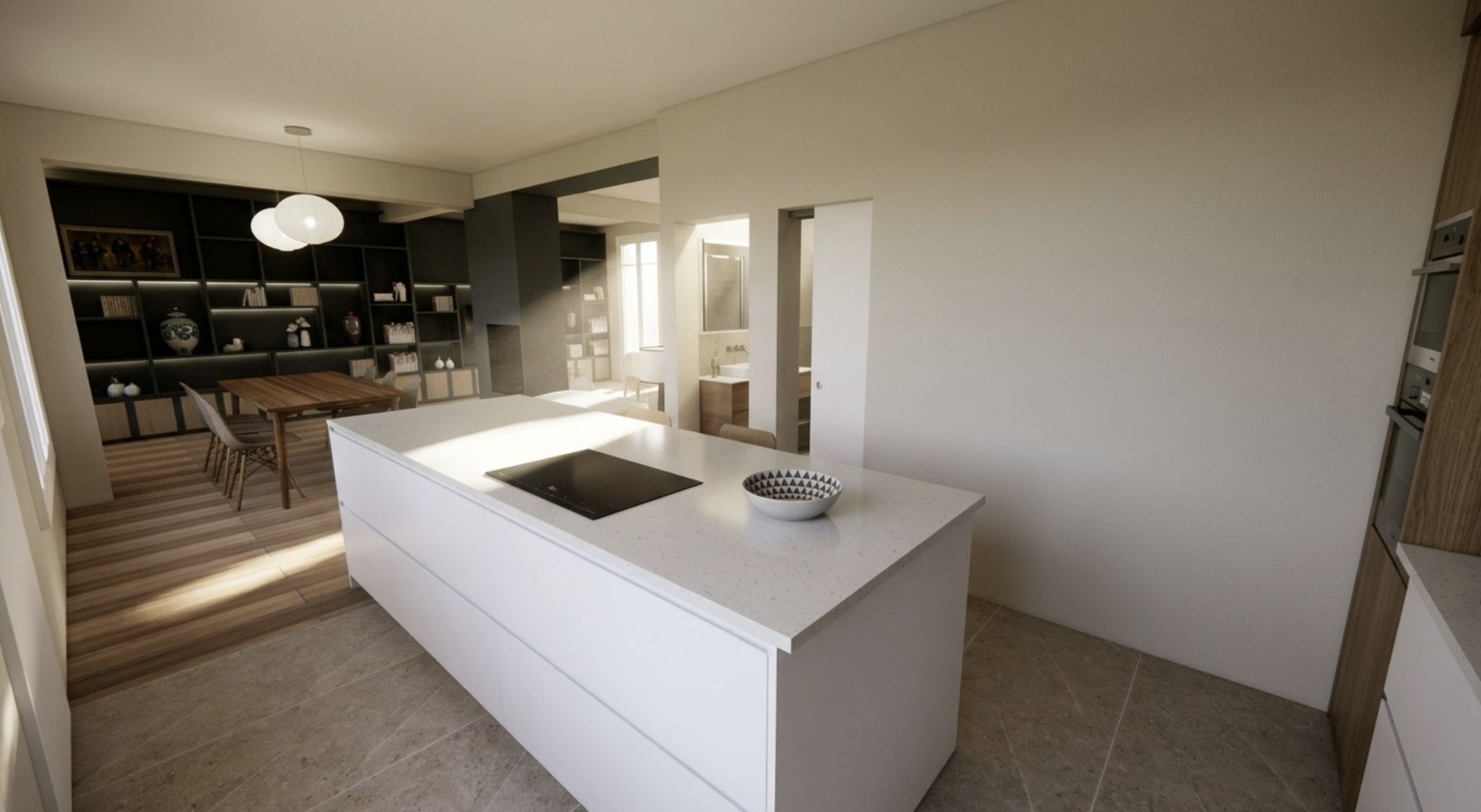 Rendu 3D - Cuisine avec îlot central à Sceaux