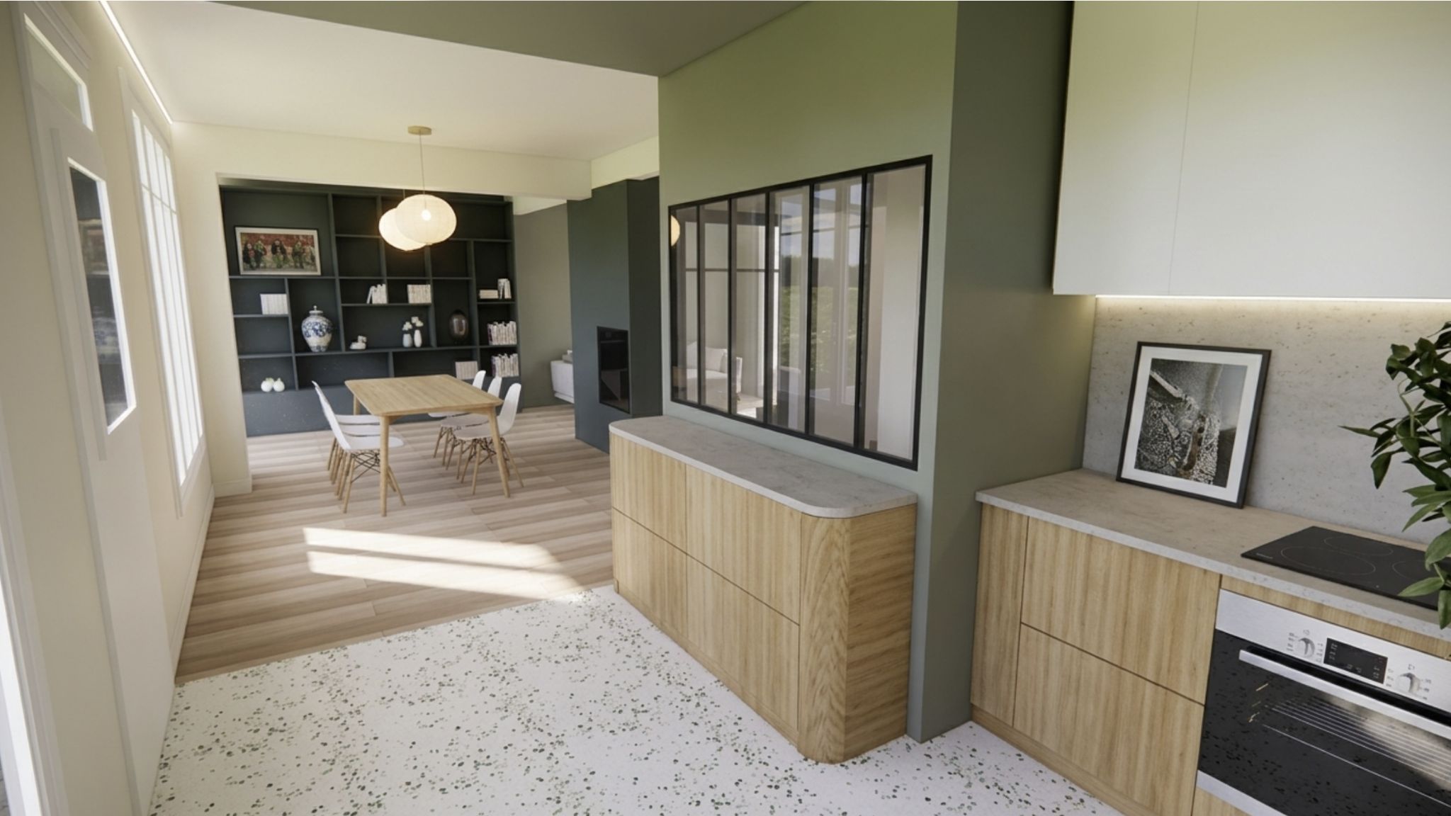 Rendu 3D - Cuisine avec verrière et rangements à Sceaux