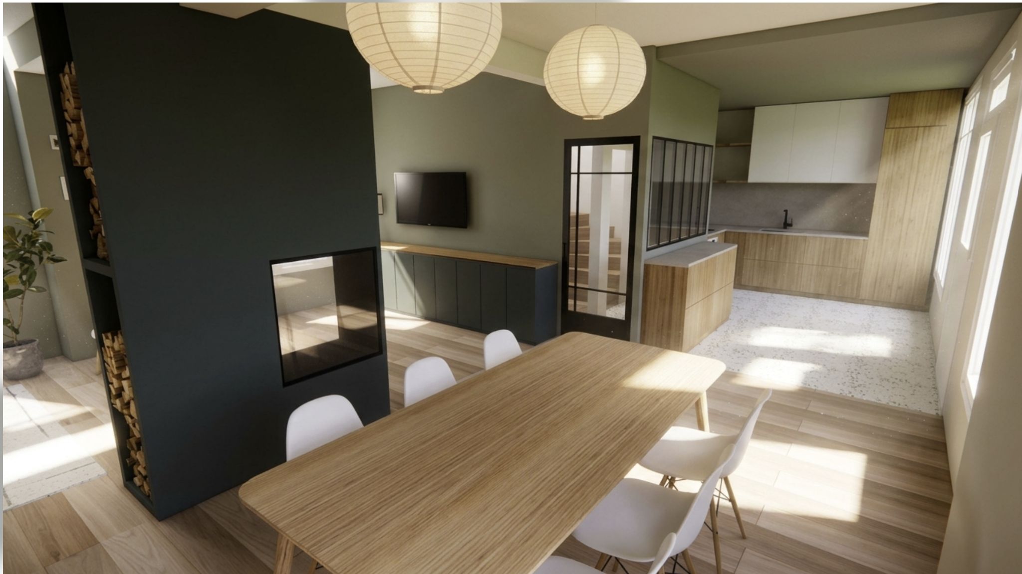 Rendu 3D - Salle à manger ouverte sur la cuisine à Sceaux