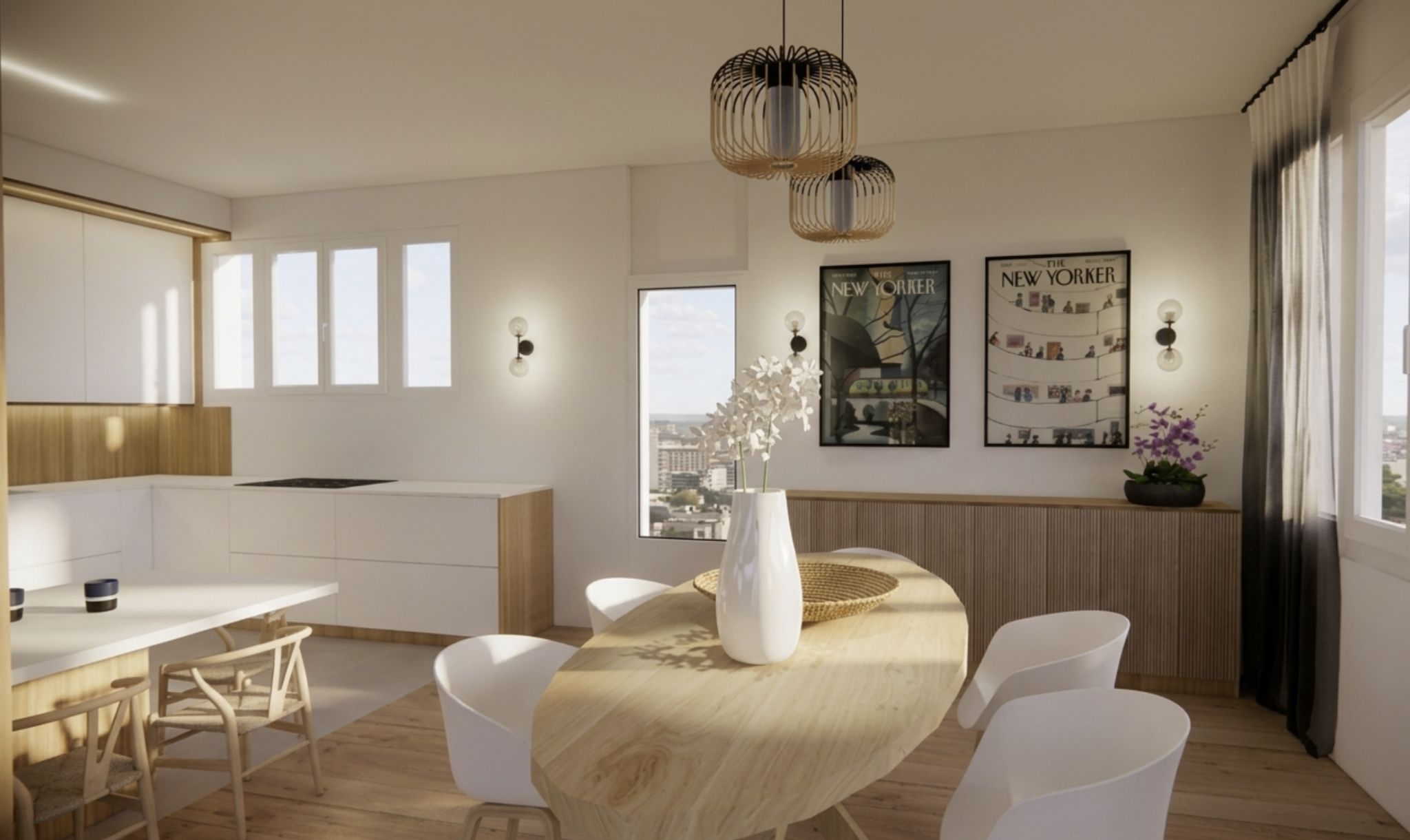 Rendu 3D - Salle à manger et cuisine ouverte à Sceaux