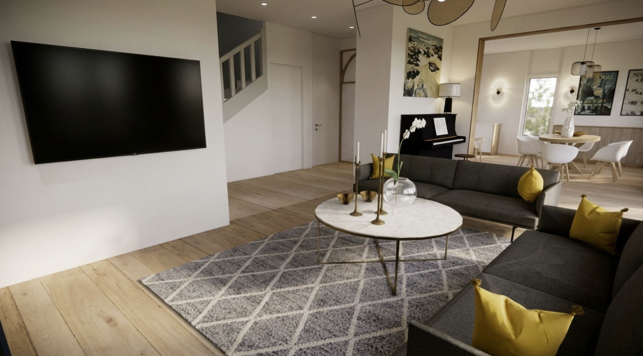 Rendu 3D - Salon et espace télévision à Sceaux