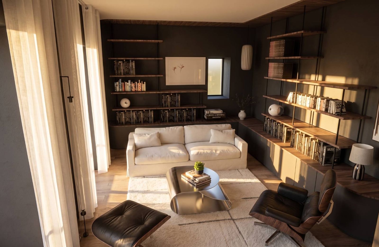 Rendu 3D - Salon - bibliothèque et espace de lecture